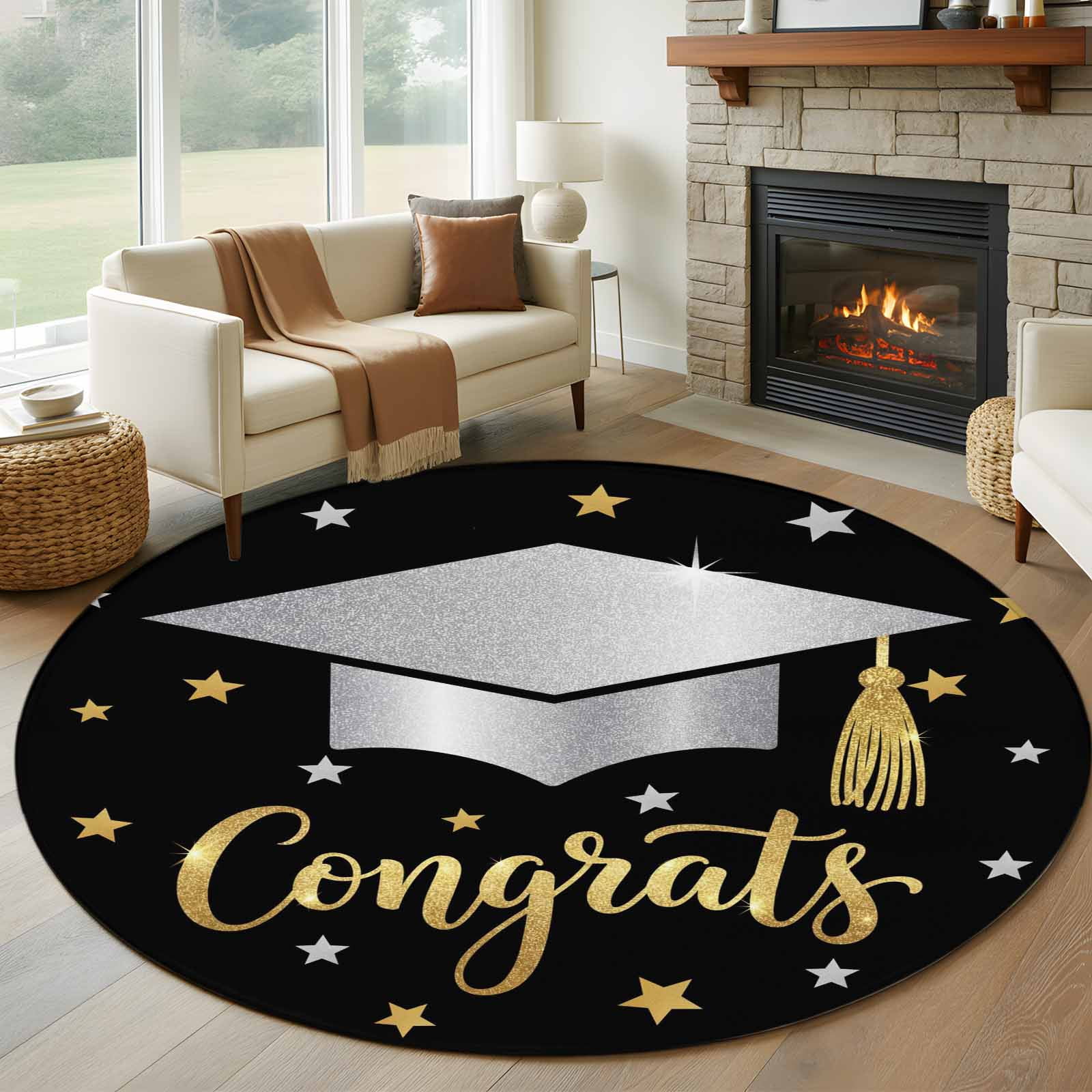 Black Stars Graduation Round Area Rug 8Ft Washable Large Circle Rugs ...