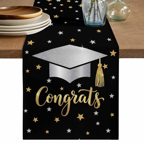 Black Stars Graduation Table Runner, Yellow White Star Modern Art Washable Cotton Linen Table Runners 36 Inches Long, Dresser Scarf Runner for Nightstand/End Tables/Round Tables 13''x36''