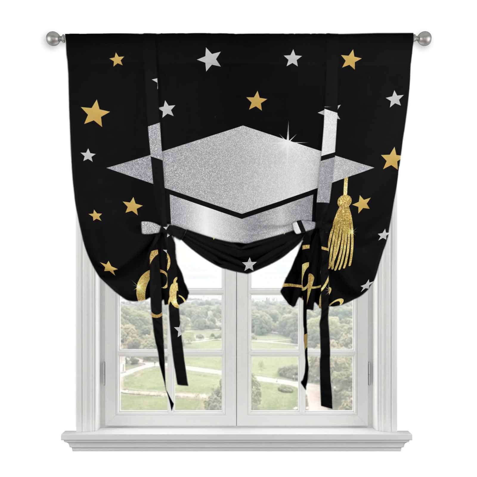 Graduation Window Display Black Stars Graduation Tie Up Curtains for Windows, Adjustable Balloon ...