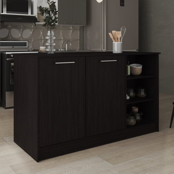 Black Stationary Kitchen Island | Spacious Counter for Meal Prepping, Four Concealed Shelves | MDF Material | Resolves Storage Scarcity
