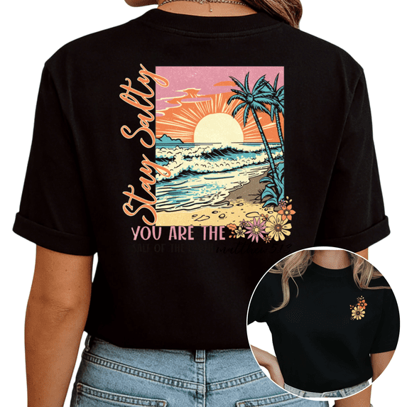 Black Stay Salty Christian Floral Beach Print Tshirt Graphic Tees Shirts S-5XL Religious Vacation Casual Tops