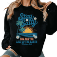 thumbnail image 1 of Black Stay Salty Print Sweatshirt Retro Beach Sunrise Graphic Sweatshirt Matthew 5 13 Religious Shirts For Women Summer Vacation Church Casual Tops S-3XL, 1 of 6