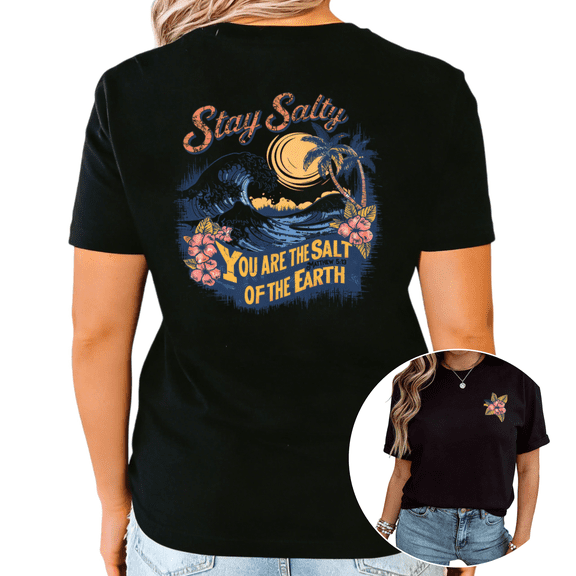 Black Stay Salty You Are The Salt Of The Earth Graphic Tee Vintage Ocean Wave Palm Tree Hibiscus Summer Beach Christian Faith Print Casual Short Sleeve Top S-5XL