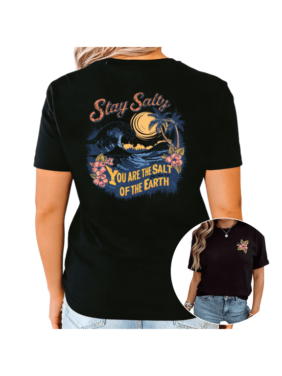 Black Stay Salty You Are The Salt Of The Earth Graphic Tee Vintage Ocean Wave Palm Tree Hibiscus Summer Beach Christian Faith Print Casual Short Sleeve Top S-5XL