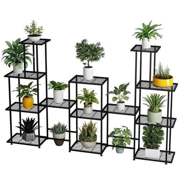 Black Steel 13-Tier Tall Planter Stand - Indoor/Outdoor Multi-Functional Garden Shelf for Balcony, Patio & Yard Decor (Sturdy Metal Plant Rack)