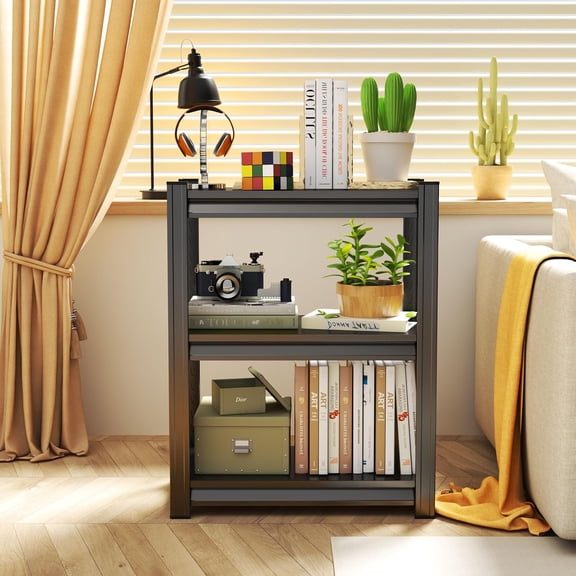 Black Steel 3 Layer Bookshelf Shelving, 27.6"W13.8"D31.5"H Adjustable Bookcase Rack Organizer, Side Table Print Stand Beside Cabinet Bedroom