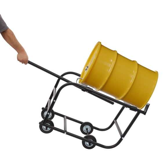 Black Steel 55 Gallon Drum Dolly Cart, 600lbs Heavy Duty Freestanding Oil Drum Mover with 4 Rolling Wheels for Warehouse Garage Factory