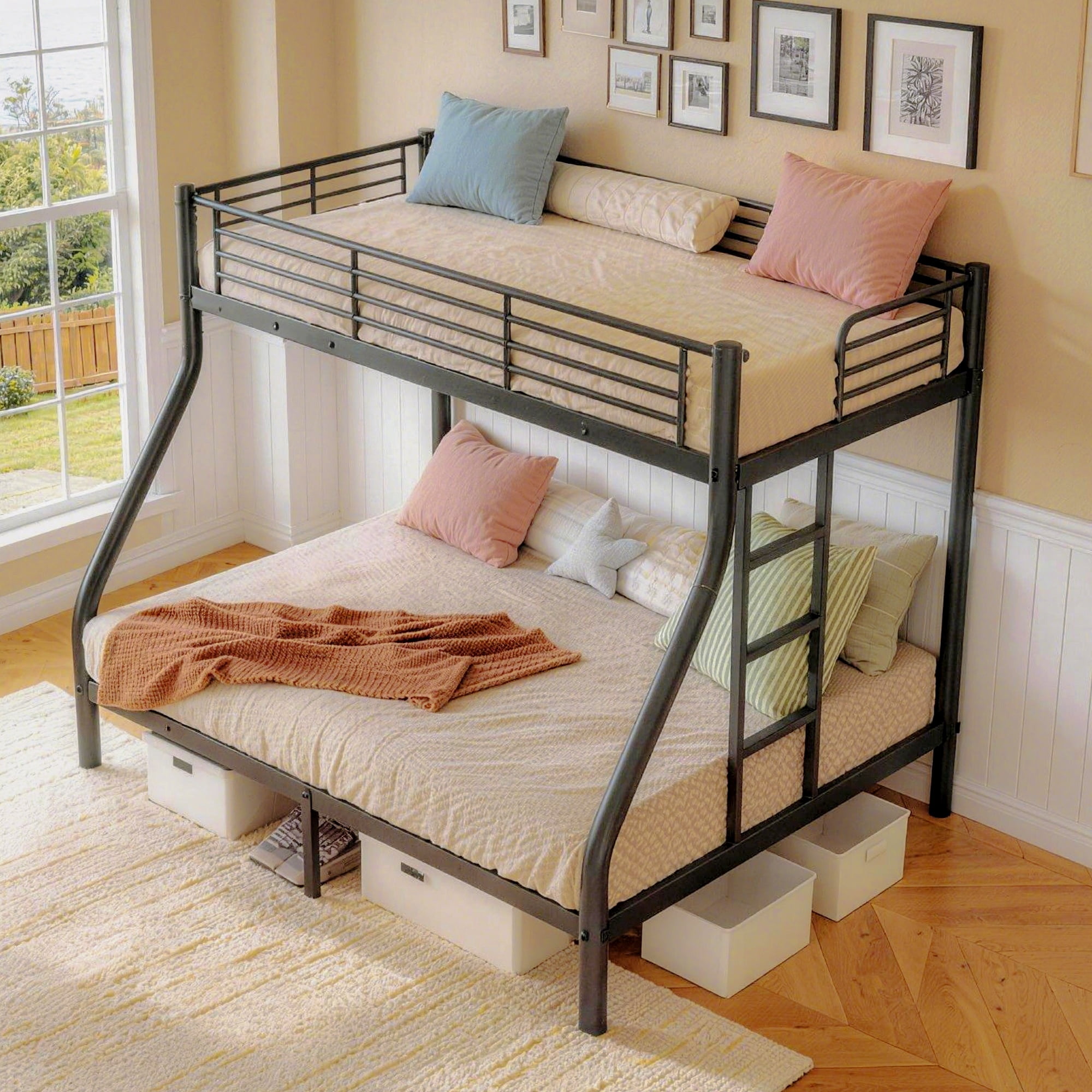 Black Steel Bunk Bed Twin Over Full Size, Durable Noise-Free Bed Frame with Safety Rail & Side Ladder, Easy Assembly for Bedroom Kids Room Dorm