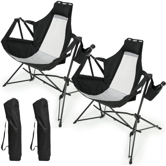 Black Steel Folding Hammock Camping Rocking Chairs Adjustable Reclining Back Pillow Cup Holder Portable Carry Bag Outdoor Lawn Backyard Travel Beach Patio Foldable Swing Lounge Chairs