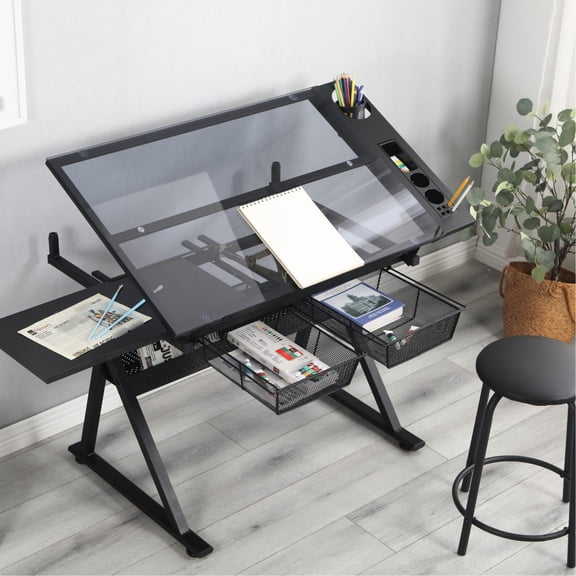 Black Steel Furniture - Height & Angle Adjustable - Drafting Studio - Side Storage