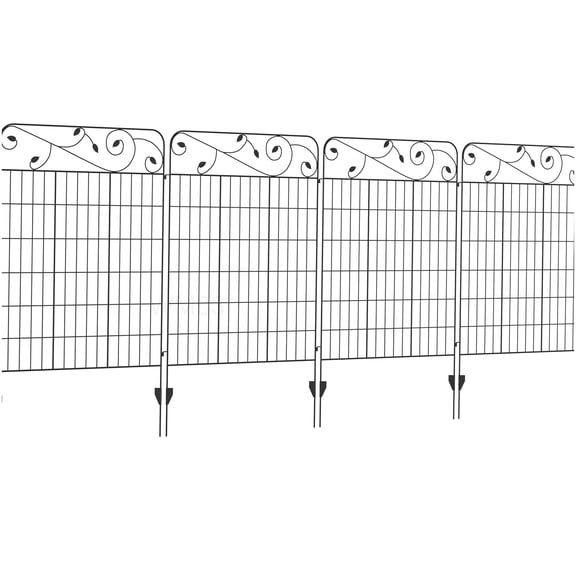 Black Steel Garden Fence Panels 4 Pack, Decorative Outdoor Barrier with Square Grid Design for Yard Protection