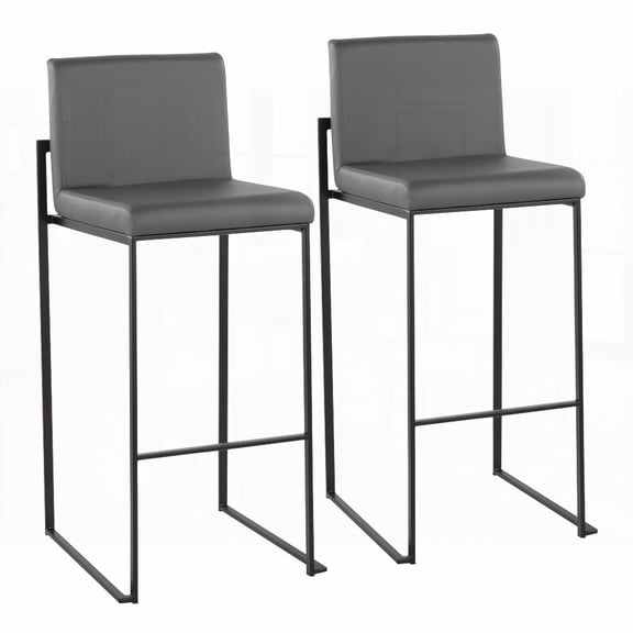 Black Steel & Grey Faux Leather 2-Piece High Back Barstools - Contemporary Style