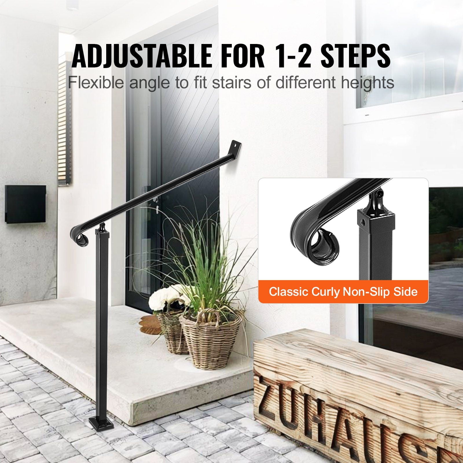 Black Steel Handrail for Porch Steps, 2-3 Step Railing with ...