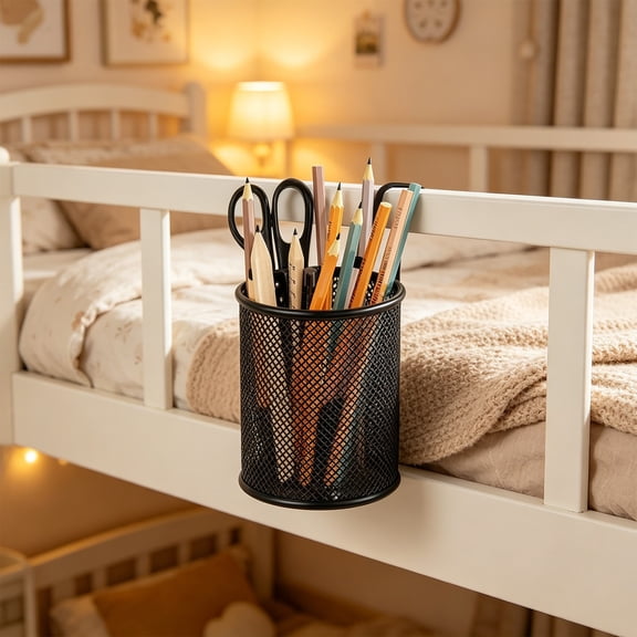 Black Steel Mesh Desk Organizer with Hook, Letter Style Pen Holder Combination Stationery Storage, Home Classroom Office Supply Organizer, Desktop Clutter Control, 3.15" x 3.15" x 4.72", KTFgvq