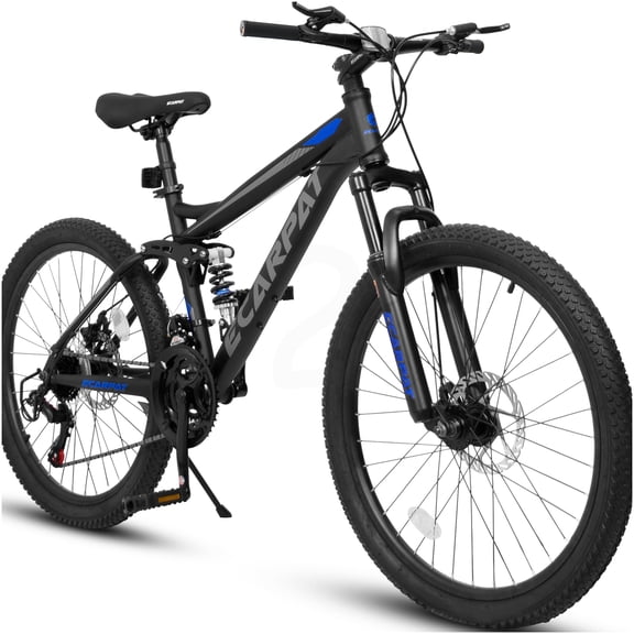 Black Steel Mountain Bike for Adults, Full Suspension, 21 Speed with Gear Indicator, Mechanical Disc Brakes, All Terrain