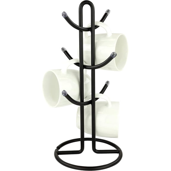 Black Steel Mug Tree Storage Rack, Holds 6-8 Mugs, Countertop Organizer