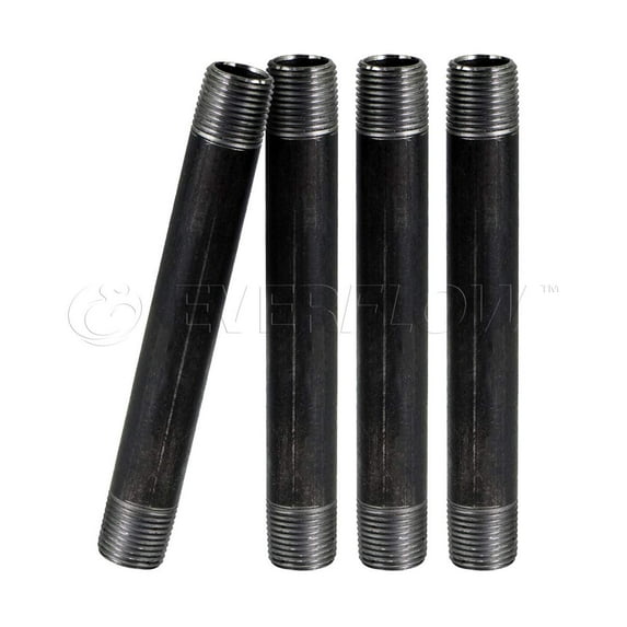 Black Steel Nipple Pipe, Threaded Pre Cut Pipe Connectors, 1-1/2 in x 8 in (Pack Of 4)