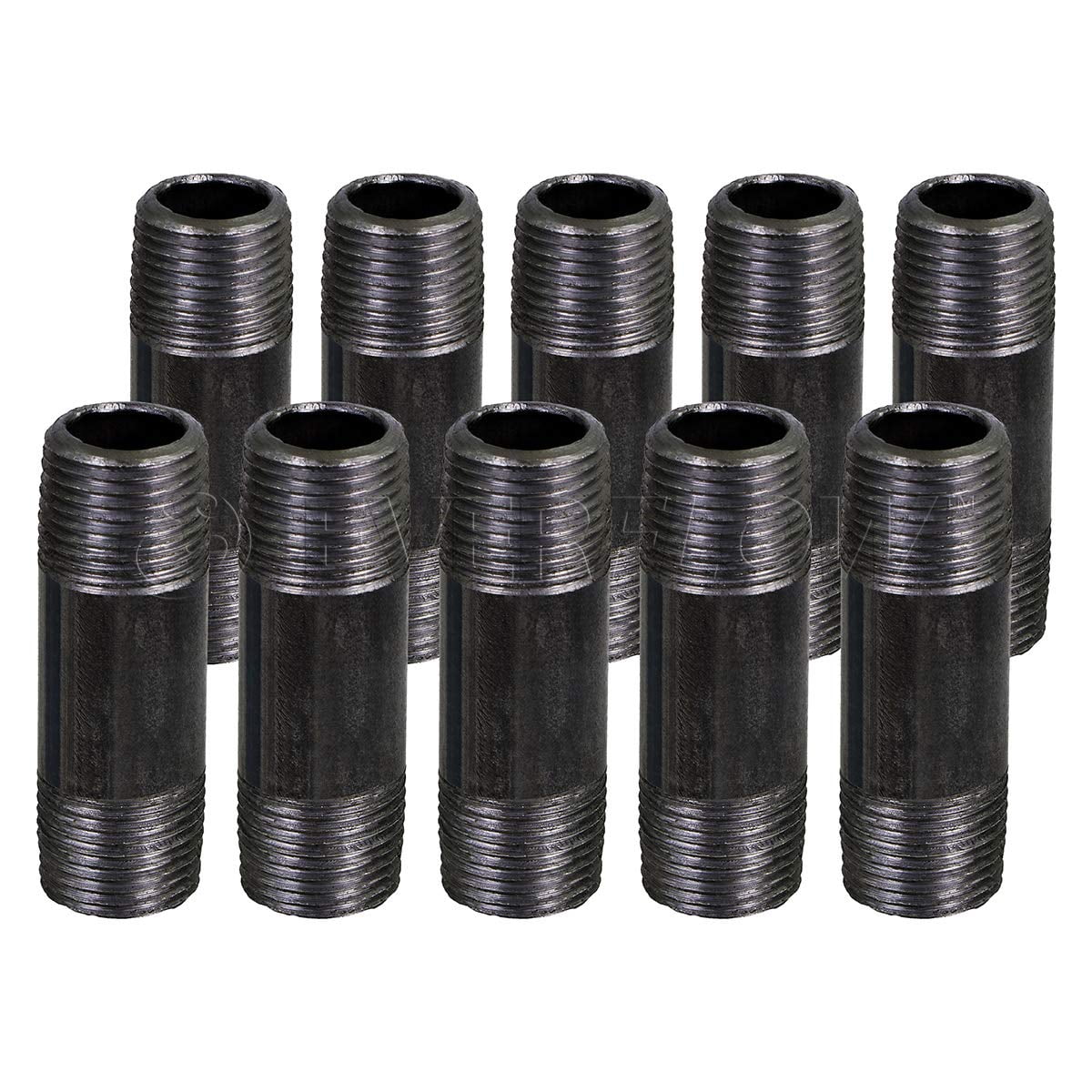 Black Steel Nipple Pipe, Threaded Pre Cut Pipe Connectors, 2 in x 6 in (Pack Of 10)