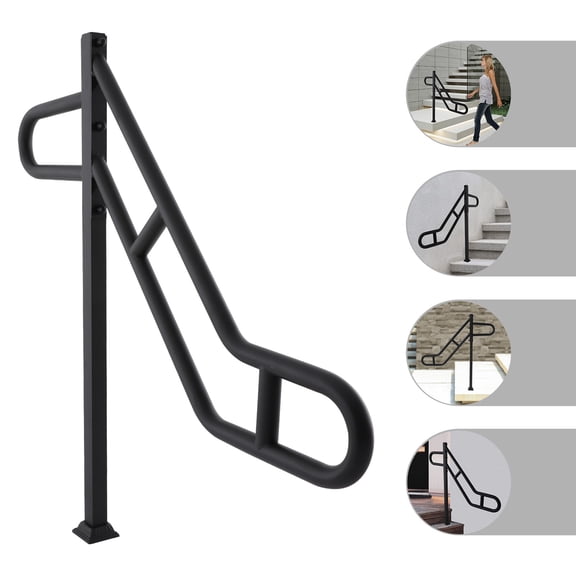 Black Steel Single Post Handrail, 220.46LBS Load Capacity, Fits 1-3 Steps for Seniors & Disabled Indoor Outdoor Use