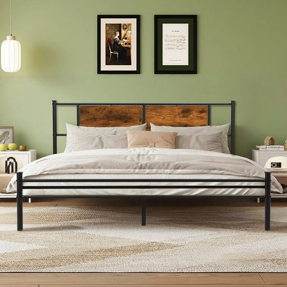 Black Steel & Wood Full Bed Frame - 14" Underbed Storage, No Box Spring Needed, Easy Assembly (Queen Size Alternative)