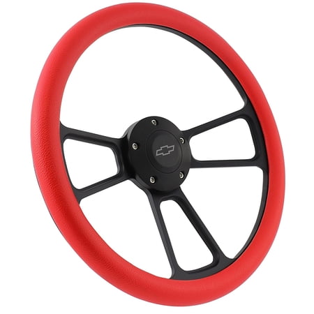 Black Steering Wheel 14 Inch Aluminum with Red Vinyl Half Wrap, Horn, and Chevy Installation Adapter