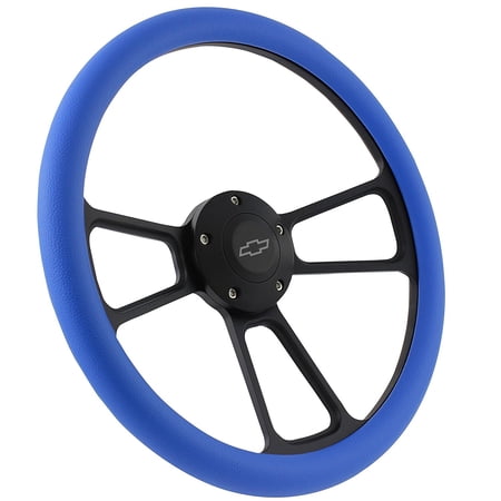 Black Steering Wheel 14 Inch Aluminum with Sky Blue Vinyl Half Wrap, Horn, and Chevy Installation Adapter