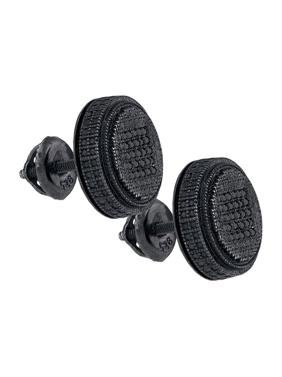 Black Sterling Silver Mens Round Color Enhanced Diamond Circle Cluster Earrings 1/6 Cttw