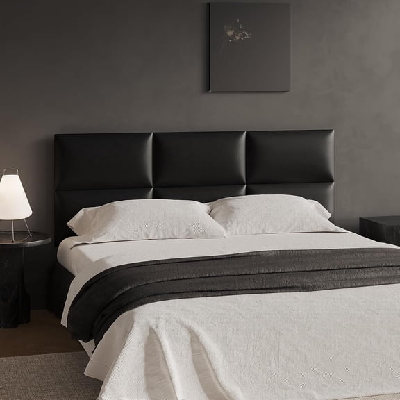 Black Stick-On Wall Mounted Headboard - 6-Piece Modular Bed Backboard for Queen Size Beds, 24 x 12 Inches Each, Easy-to-Install, Sound-Proofing, and Decorative Bed Headboard for Modern Bedrooms