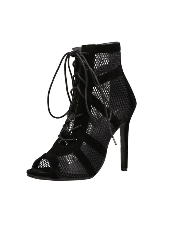 Black Stiletto Lace Up Heels for Women Ballroom Dance Shoes Classic Open Toe Ankle Women's Boots & Booties, 10CM High, #02 Black, Size 9.5