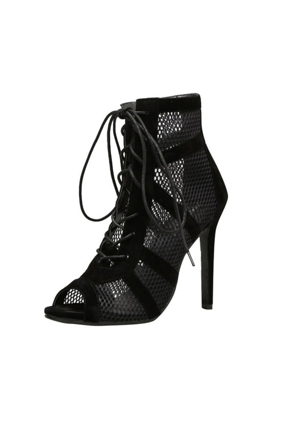 Black Stiletto Lace Up Heels for Women Ballroom Dance Shoes Classic Open Toe Ankle Women's Boots & Booties, 7CM High, #01 Black, Size 6.5