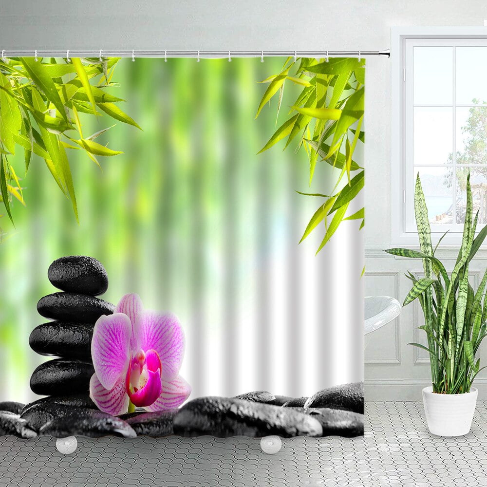 Black Stone Green Bamboo White Lotus Zen Shower Curtain Water Swan Koi Fish SPA Nature Bath ...