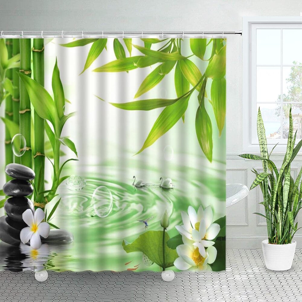 Black Stone Green Bamboo White Lotus Zen Shower Curtain Water Swan Koi Fish SPA Nature Bath ...