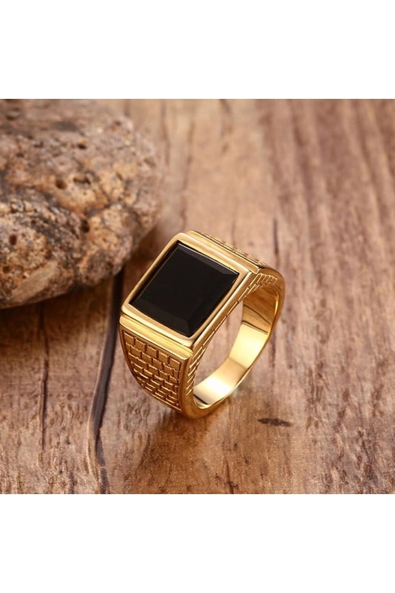 Black Stone Mens Signet Ring, Stylish 14K Yellow Gold Statement Ring, Husband Dad Christmas Gifts for Him