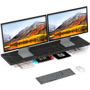 Black Stone Monitor Stand Riser With Acrylic Base For Dual Monitors Home Office Desk Organizer