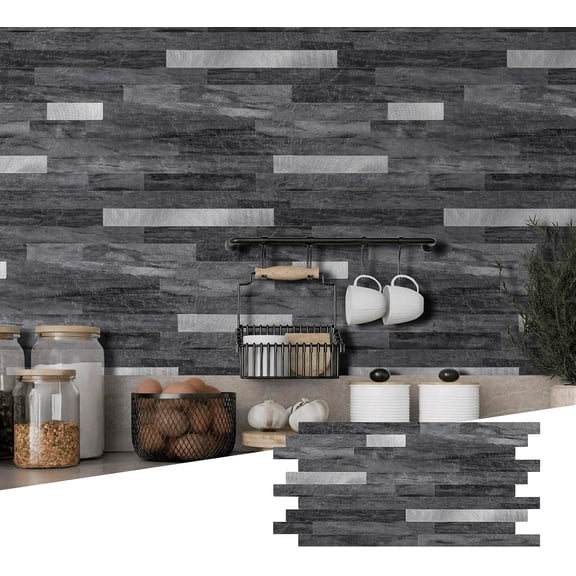 Black Stone Peel and Stick Backsplash Tile, 12 Sheets | Peel and Stick, PVC Faux Stone, Waterproof, For Kitchen Backsplash, Bathroom, Rental FriendlyFireplace, Laundry Room,