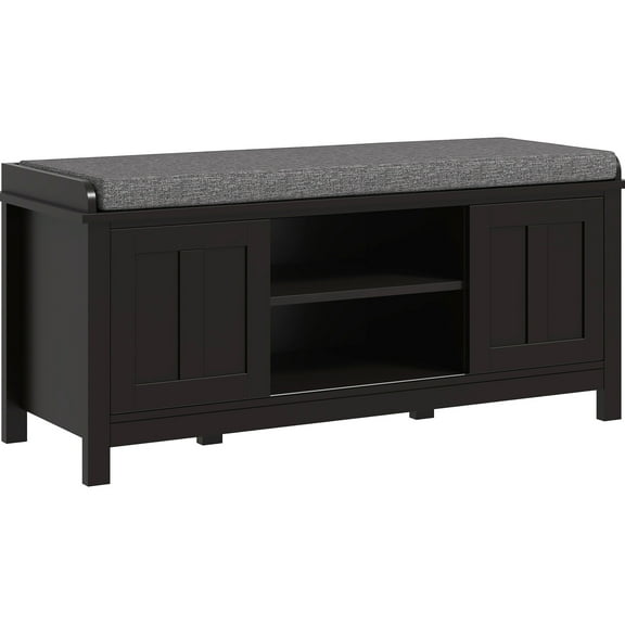 Black Storage Bench For Shoes - 6 Compartments, Adjustable Shelves Padded Seat, Sliding Doors, Holds 10 Pairs Of Footwear Entryway Black, Compartments Seat With Cozy Fabric, Shelving,
