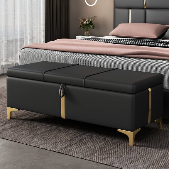 Black Storage Bench with Gold Strip / Combine Classic and Modern Styles