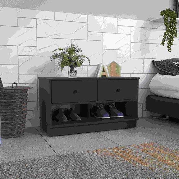 Black Storage Bench with Two Drawers and Open Shelves for Entryway, Living Room, 35.8 Wide Particle Board
