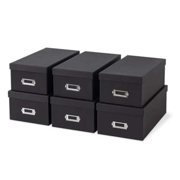Black Storage Boxes - Set of 6 3 Large 3 Medium Keepsake Memory Storage Boxes with Lids Cardboard Organizers with Label Holders for Photos Crafts Collectibles