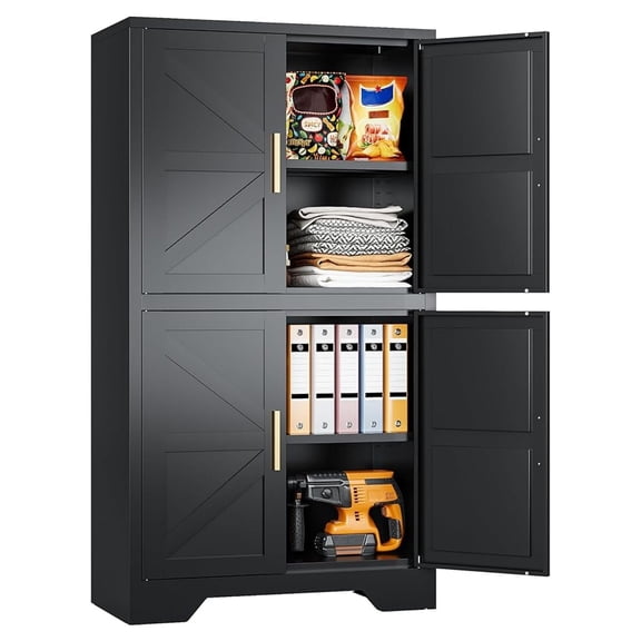 Black Storage Cabinet with 4 Doors and 2 Adjustable Shelves,Farmhouse Food Pantry Cabinets,Small Bathroom Cabinet,4 Tier Metal Storage Cabinets for Home Kitchen,Dining/Living/Laundry/Room