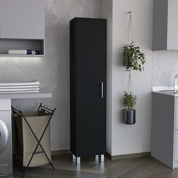 Black Storage Cabinet 70" With Broom Hangers And Four Long-lasting Shelves Tall For In Model