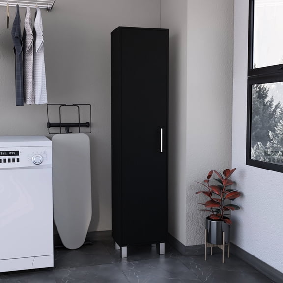 Black Storage Cabinet, 71"h. Constituting 5 Shelf And 3 Broom Hangers. Compact For Space Saving. 11 Lb Capacity Per Shelf. Secure Door. Stylish Finish. Metal Parts Cabinet 71"h, Black. Embracing