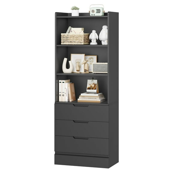 Black Storage Cabinet Bookcase with 3 Drawers, Tall Kitchen Pantry Bookshelf with Storage Shelves for Home Office Living Room Study