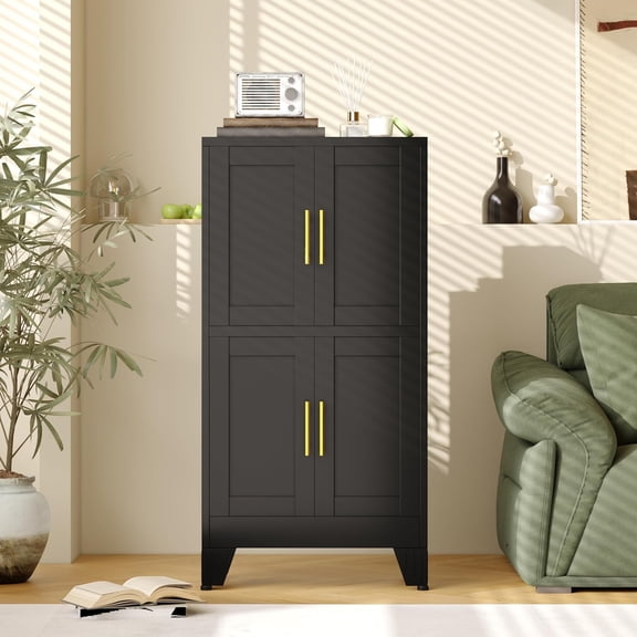 Black Storage Cabinet, Kitchen Pantry Cabinet with 4 Doors and 3 Adjustable Shelves, Pantry with Adjustable Leveling Foot for Kitchen, Living Room and Dinning Room. 47" H