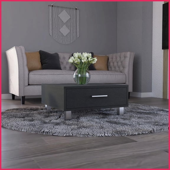 Black Storage Coffee Table with Drawer & 4 Legs - Decorative Living Room Centerpiece for Display & Organizing