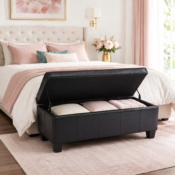 Black Storage Ottoman Bench, Upholstered Storage Bench with Lift Top for Bedroom Entryway