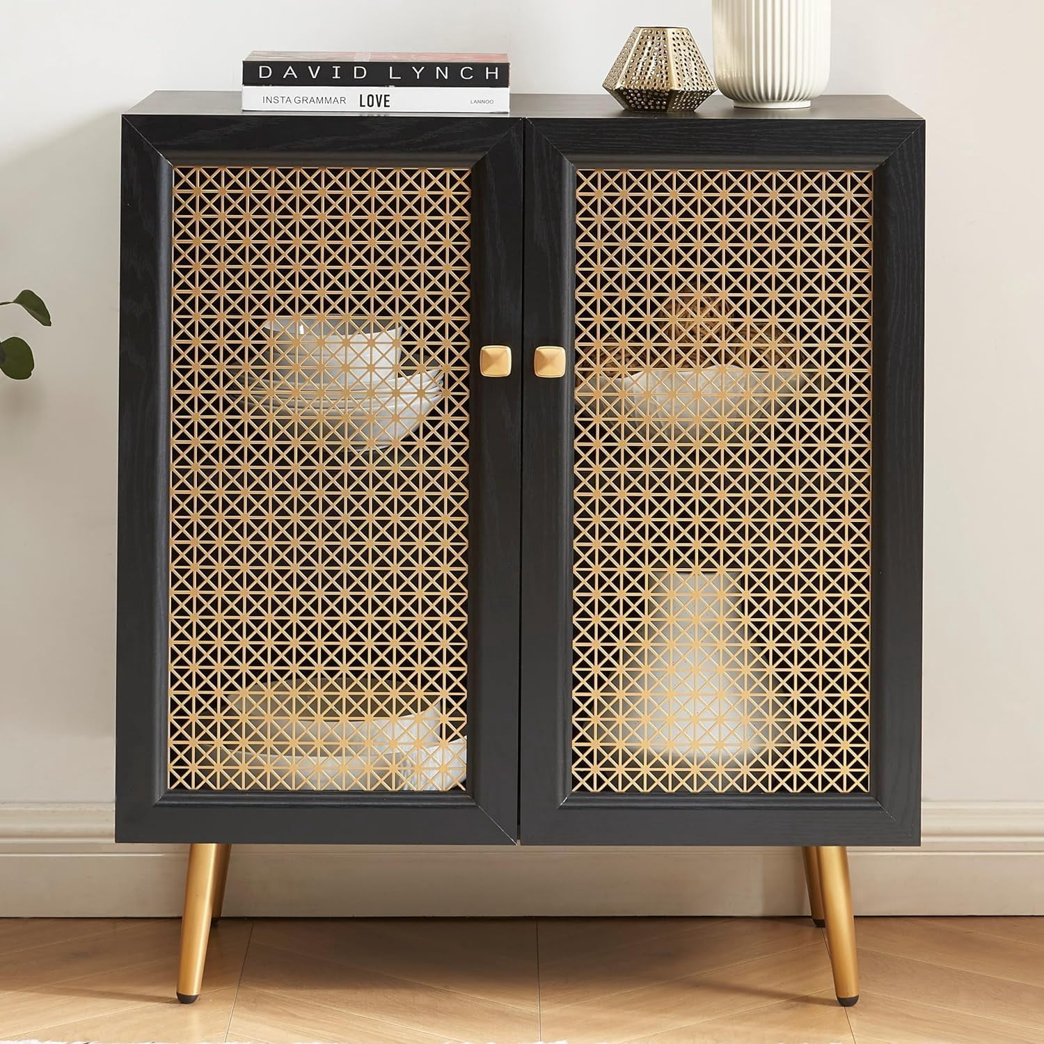 Black Storage Sideboard Buffet with 2-Metal Mesh Doors, Multifunctional ...