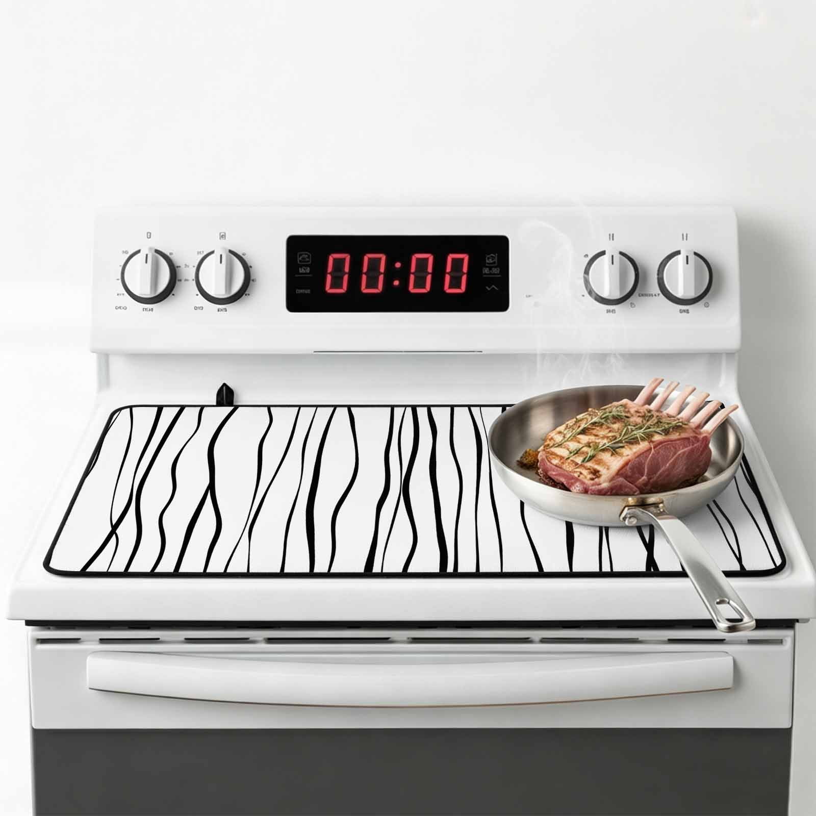 Black Stove Top Cover for Electric Stove, Heat-proof & Non Slip Glass Top Stove Cover Protector, Abstract Lines Gradient Minimalist Modern Texture Kitchen Flat Cooktop Rubber Mat 24x21 Inches