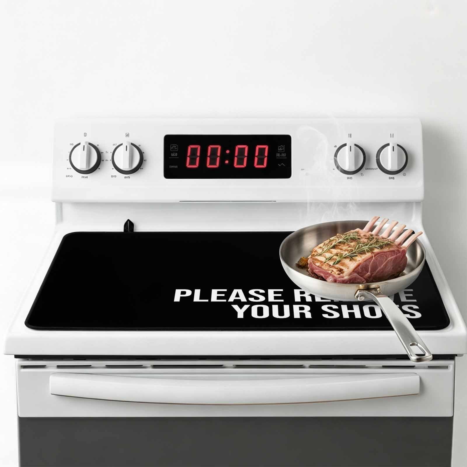 Black Stove Top Cover for Electric Stove, Heat-proof & Non Slip Glass Top Stove Cover Protector, Funny Letters Please Remove Your Shoes Kitchen Flat Cooktop Rubber Mat 24x21 Inches