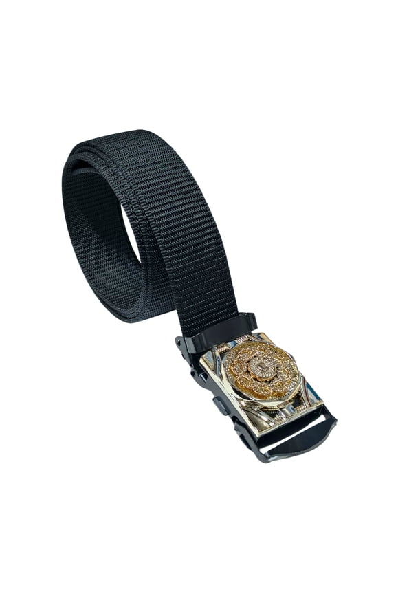 Black Strap Belt with Gold Decorative Lock | Smooth Fit, Durable Build and Easy Use.